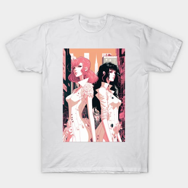 Pink and Black - Cyberpunk Illustrated Portrait Two Women Posing in Front of a Bustling Cityscape T-Shirt by JensenArtCo